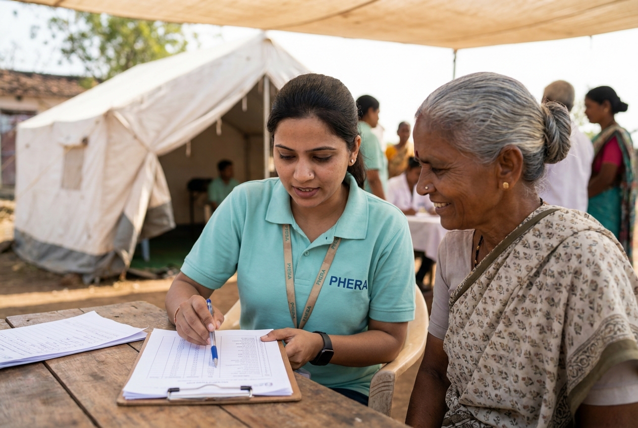 PHERA team member reviewing medical camp reports with a village health worker